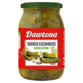 Dawtona - Sour Cucumber - 900g comes in a glass jar with a green lid and red label showing cucumbers, garlic, and spices, offering a tangy taste in every bite.